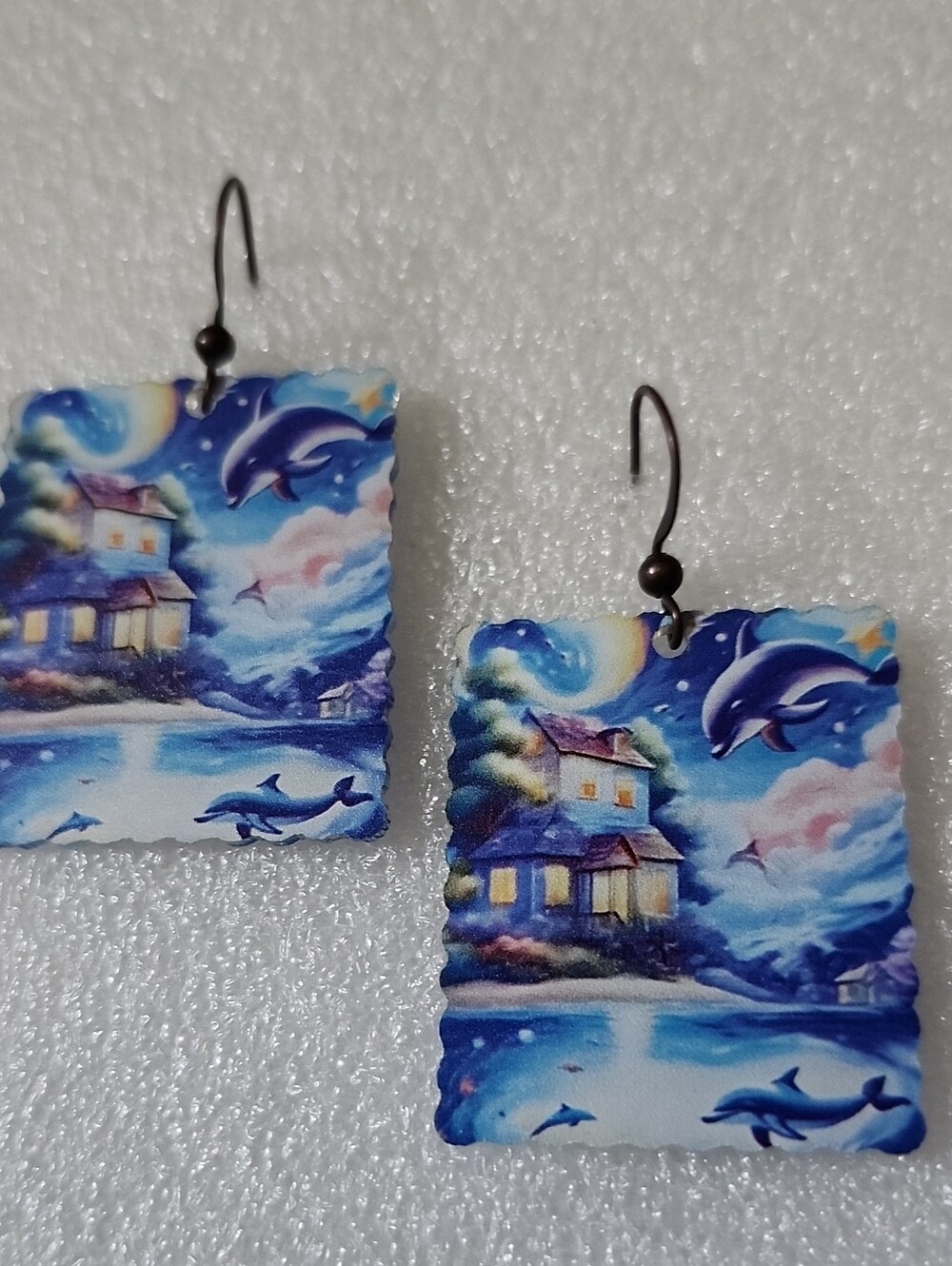 Hand Crafted Blue and White Dolphin House Earrings